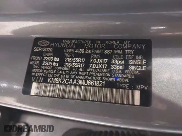 2021 Hyundai Kona SEL with VIN KM8K2CAA3MU661821, listed as a IAAI auction lot 41325067 with 37,638 mi miles. Bid and sale history available at carsss.com. Image 9.