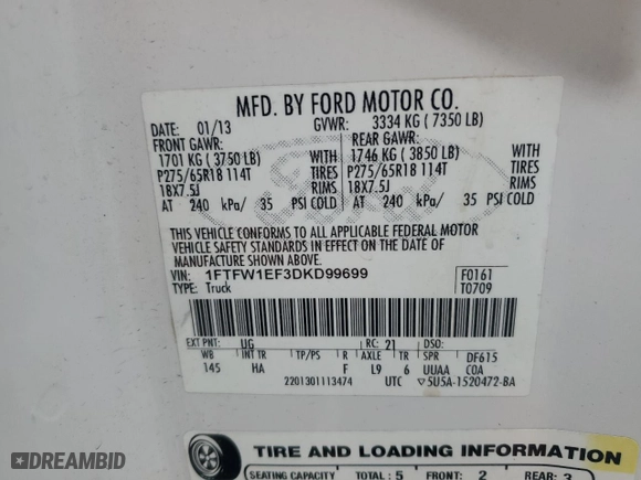 2013 Ford F-150 XL with VIN 1FTFW1EF3DKD99699, listed as a Copart auction lot 45496805 with 183,594 mi miles and Clean Title. Bid and sale history available at carsss.com. Image 14.