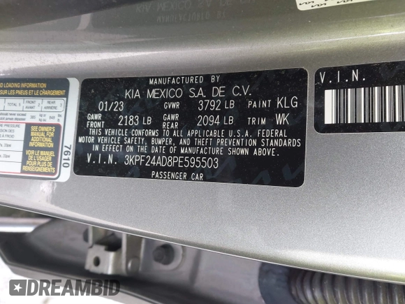 2023 Kia Forte LXS z VIN 3KPF24AD8PE595503, wystawiony jako IAAI lot #41429559 z przebiegiem 43 630 mil mil oraz . Historia ofert i sprzedaży dostępna na DreamBid. Obrazek 9.