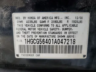 2001 Honda Accord LX z VIN 1HGCG56401A047218, wystawiony jako Copart lot #55053285 z przebiegiem 214 849 mil mil oraz Szkoda całkowita • Salvage title. Historia ofert i sprzedaży dostępna na DreamBid. Obrazek 12.