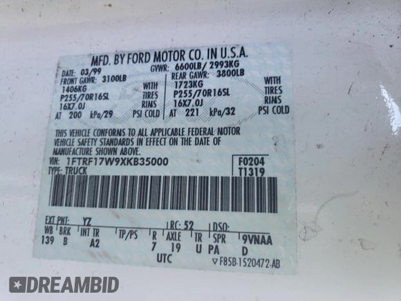 1999 Ford F-150 with VIN 1FTRF17W9XKB35000, listed as a Copart auction lot 86001964 with 155,055 mi miles and Salvage title. Bid and sale history available at DreamBid. Image 12.