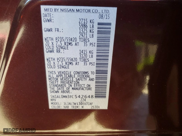 2015 Infiniti QX60 with VIN 5N1AL0MN3FC542648, listed as a Copart auction lot 45194715 with NaN miles and Salvage Title. Bid and sale history available at carsss.com. Image 13.
