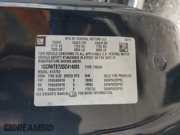 2013 Chevrolet Silverado 1500 LTZ with VIN 1GCRKTE72DZ414083, listed as a Copart auction lot 55218165 with 180,241 mi miles and Salvage Title. Bid and sale history available at DreamBid. Image 12.