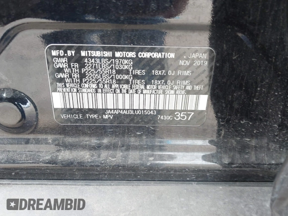 2020 Mitsubishi Outlander Sport SE 2.0 with VIN JA4AP4AU3LU015043, listed as a IAAI auction lot 41284693 with 45,300 mi miles. Bid and sale history available at carsss.com. Image 9.