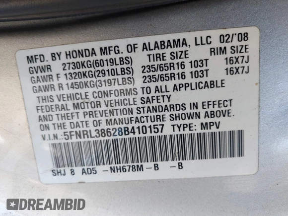 2008 Honda Odyssey EX-L with VIN 5FNRL38628B410157, listed as a IAAI auction lot 42072217 with 240,099 mi miles and . Bid and sale history available at DreamBid. Image 9.