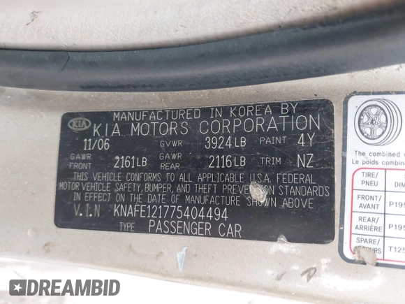 2007 Kia Spectra EX z VIN KNAFE121775404494, wystawiony jako IAAI lot #42140090 z przebiegiem 177 994 mil mil oraz . Historia ofert i sprzedaży dostępna na DreamBid. Obrazek 9.