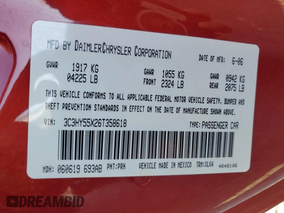 2006 Chrysler PT Cruiser with VIN 3C3HY55X26T358618, listed as a Copart auction lot 51641265 with 123,814 mi miles and Salvage Title. Bid and sale history available at DreamBid. Image 12.