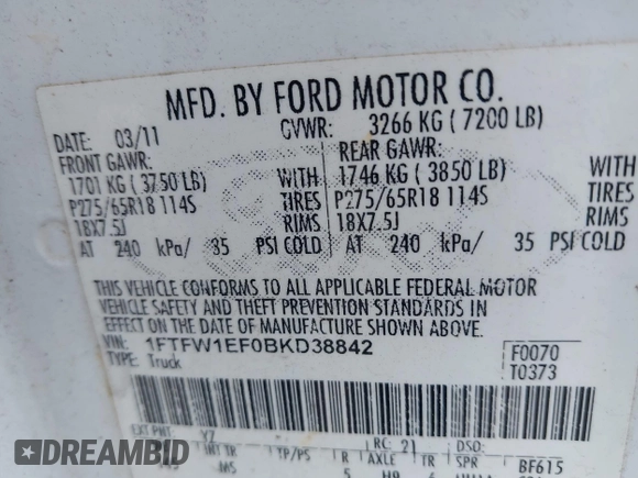 2011 Ford F-150 XL with VIN 1FTFW1EF0BKD38842, listed as a IAAI auction lot 42120431 with 285,712 mi miles and . Bid and sale history available at carsss.com. Image 9.