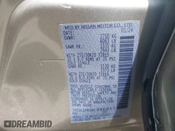 2024 Infiniti QX60 Luxe с VIN 5N1DL1FR3RC346815, выставлен на аукционе IAAI как лот 42186194 с пробегом 4 171 миль миль и . История ставок и продаж доступна на DreamBid. Изображение 9.