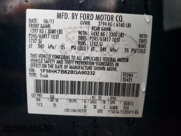 2011 Ford Explorer z VIN 1FMHK7B82BGA90332, wystawiony jako Copart lot #65776774 z przebiegiem Nie podano mil oraz Szkoda całkowita • Salvage title. Historia ofert i sprzedaży dostępna na DreamBid. Obrazek 15.