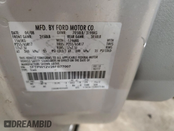 2008 Ford F-150 XLT with VIN 1FTPW12V28FB77007, listed as a Copart auction lot 63075875 with 193,461 mi miles and Clean title. Bid and sale history available at DreamBid. Image 12.
