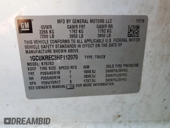 2017 Chevrolet Silverado 1500 LT with VIN 1GCUKREC3HF112979, listed as a Copart auction lot 43584405 with Not Provided miles and Salvage Title. Bid and sale history available at DreamBid. Image 12.