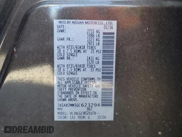 2016 Nissan Pathfinder SL with VIN 5N1AR2MM1GC623294, listed as a Copart auction lot 50462525 with 150,713 mi miles and Salvage title. Bid and sale history available at DreamBid. Image 15.