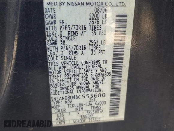 2006 Nissan Xterra SE z VIN 5N1AN08U46C555680, wystawiony jako Copart lot #59708765 z przebiegiem 210 136 mil mil oraz Czysty tytuł • Clean title. Historia ofert i sprzedaży dostępna na DreamBid. Obrazek 12.