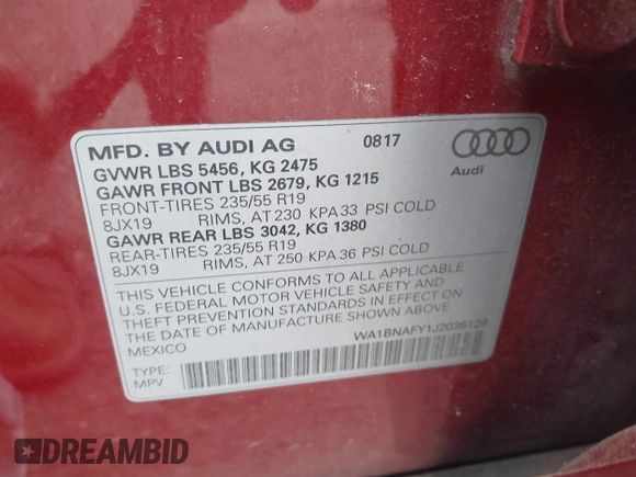 2018 Audi Q5 Premium Plus with VIN WA1BNAFY1J2036129, listed as a IAAI auction lot 42637234 with 75,016 mi miles and . Bid and sale history available at DreamBid. Image 9.