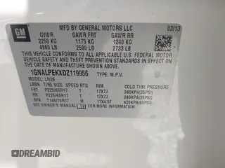 2013 Chevrolet Equinox LT with VIN 1GNALPEKXDZ119956, listed as a IAAI auction lot 42045958 with 192,041 mi miles and . Bid and sale history available at DreamBid. Image 9.
