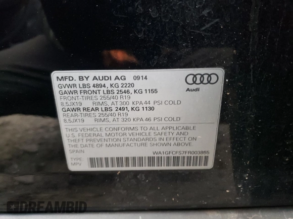 2015 Audi Q3 2.0T Prestige with VIN WA1GFCFS7FR003855, listed as a Copart auction lot 83591274 with 99,873 mi miles and Salvage Title. Bid and sale history available at carsss.com. Image 13.