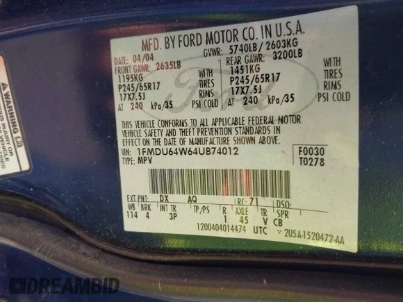2004 Ford Explorer Eddie Bauer with VIN 1FMDU64W64UB74012, listed as a IAAI auction lot 41629872 with Not provided miles and . Bid and sale history available at DreamBid. Image 9.