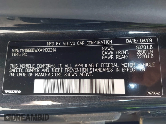 2010 Volvo V70 with VIN YV1960BWXA1133314, listed as a IAAI auction lot 41870470 with 206,003 mi miles and . Bid and sale history available at DreamBid. Image 9.