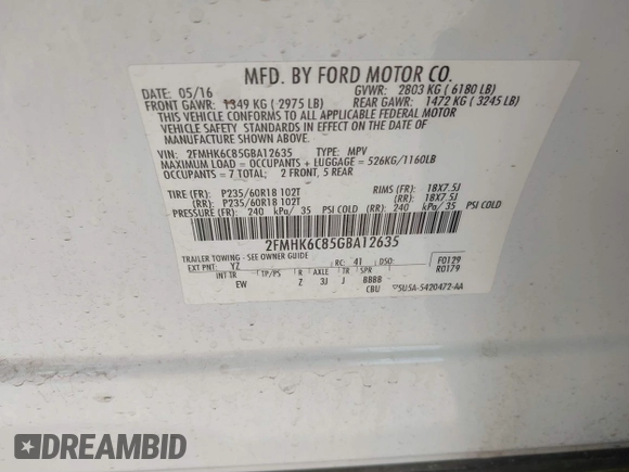 2016 Ford Flex SEL with VIN 2FMHK6C85GBA12635, listed as a IAAI auction lot 40715147 with 104,573 mi miles. Bid and sale history available at carsss.com. Image 9.