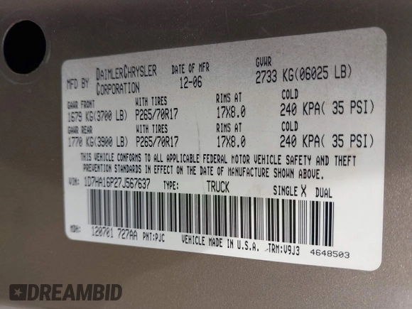 2007 Dodge 1500 SLT with VIN 1D7HA16P27J567637, listed as a IAAI auction lot 42122423 with 230,111 mi miles and . Bid and sale history available at DreamBid. Image 9.