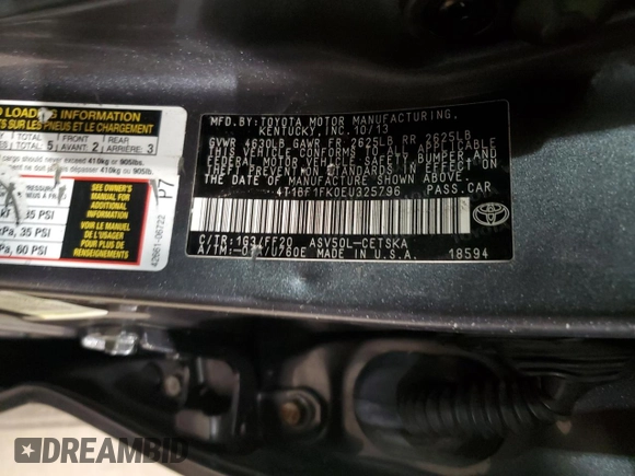 2014 Toyota Camry L with VIN 4T1BF1FK0EU325796, listed as a Copart auction lot 56192885 with 104,627 mi miles and Clean Title. Bid and sale history available at DreamBid. Image 12.