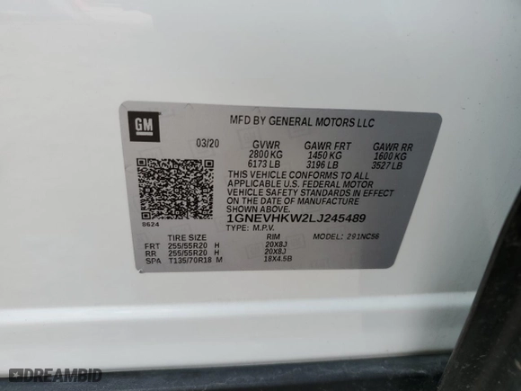 2020 Chevrolet Traverse LT Leather with VIN 1GNEVHKW2LJ245489, listed as a Copart auction lot 48779355 with 87,557 mi miles and Salvage Title. Bid and sale history available at carsss.com. Image 12.