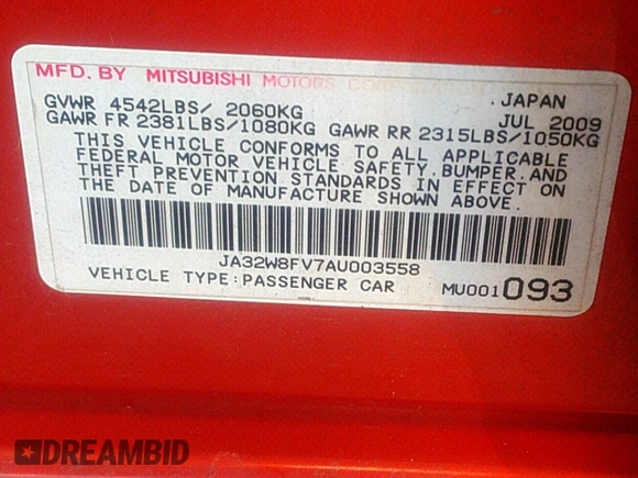 2010 Mitsubishi Lancer Evolution GSR with VIN JA32W8FV7AU003558, listed as a IAAI auction lot 40856259 with 123,639 mi miles and . Bid and sale history available at DreamBid. Image 9.