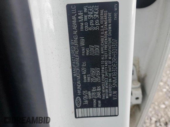2024 Hyundai Tucson SEL with VIN 5NMJB3DE2RH301307, listed as a Copart auction lot 85516654 with 30,333 mi miles and Salvage Title. Bid and sale history available at DreamBid. Image 13.
