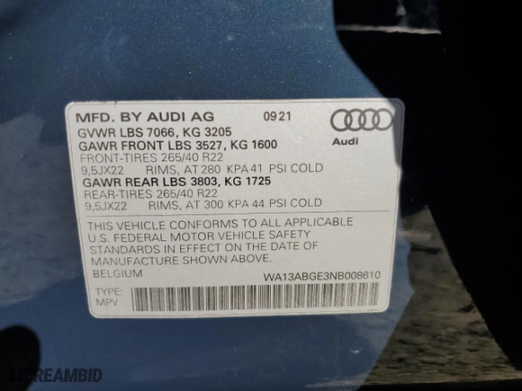 2022 Audi e-tron Sportback Prestige with VIN WA13ABGE3NB008610, listed as a Copart auction lot 62792503 with 8074 miles. Bid and sale history available at carsss.com. Image 13.