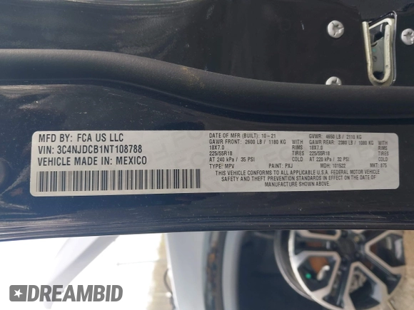 2022 Jeep Compass High Altitude with VIN 3C4NJDCB1NT108788, listed as a IAAI auction lot 41917869 with 77,359 mi miles and . Bid and sale history available at DreamBid. Image 9.