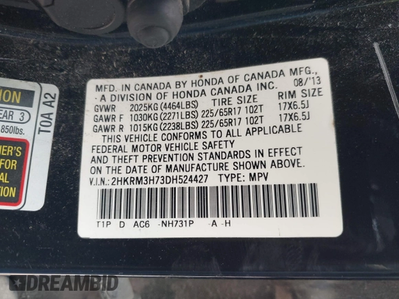 2013 Honda CR-V EX-L with VIN 2HKRM3H73DH524427, listed as a IAAI auction lot 41883638 with 199,120 mi miles and . Bid and sale history available at DreamBid. Image 9.