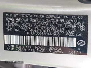 2003 Lexus ES 300 с VIN JTHBF30G830146283, выставлен на аукционе IAAI как лот 42307766 с пробегом 210 694 миль миль и . История ставок и продаж доступна на DreamBid. Изображение 9.
