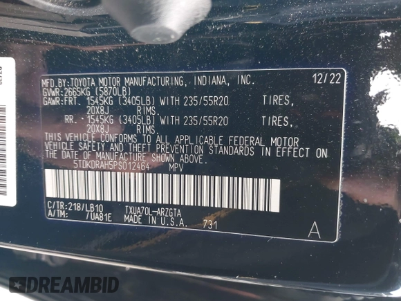 2023 Toyota Highlander L with VIN 5TDKDRAH5PS012464, listed as a IAAI auction lot 42071629 with 49,958 mi miles and . Bid and sale history available at DreamBid. Image 9.