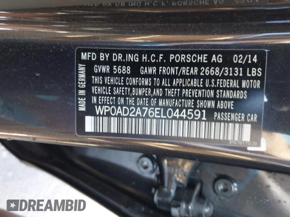 2014 Porsche Panamera S E-Hybrid with VIN WP0AD2A76EL044591, listed as a IAAI auction lot 42436817 with 89,009 mi miles and . Bid and sale history available at DreamBid. Image 9.