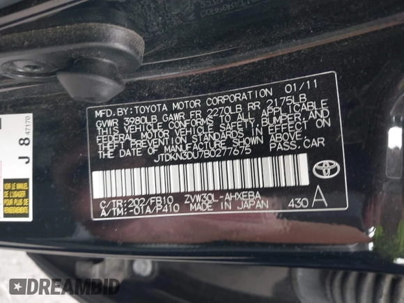 2011 Toyota Prius I with VIN JTDKN3DU7B0277675, listed as a IAAI auction lot 42039547 with 139,583 mi miles. Bid and sale history available at carsss.com. Image 9.