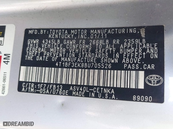 2011 Toyota Camry LE with VIN 4T1BF3EK8BU705526, listed as a IAAI auction lot 41773415 with 128,924 mi miles. Bid and sale history available at carsss.com. Image 9.