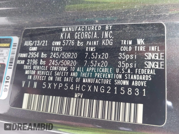 2022 Kia Telluride SX with VIN 5XYP54HCXNG215831, listed as a IAAI auction lot 42569744 with 90,097 mi miles and . Bid and sale history available at DreamBid. Image 9.