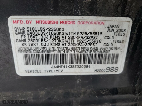 2008 Mitsubishi Outlander XLS with VIN JA4MT41X38Z020384, listed as a Copart auction lot 43821775 with 110,522 mi miles and Salvage Title. Bid and sale history available at carsss.com. Image 13.