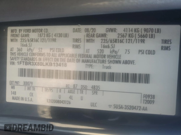 2020 Ford Transit Cargo with VIN 1FTBR3X80LKB13418, listed as a Copart auction lot 88847765 with Not Provided miles and Clean Title. Bid and sale history available at carsss.com. Image 13.