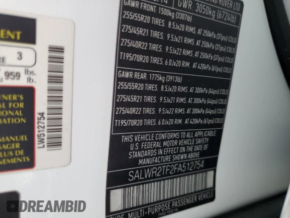 2015 Land Rover Range Rover Sport Supercharged with VIN SALWR2TF2FA512754, listed as a Copart auction lot 52621975 with Not provided miles and Salvage title. Bid and sale history available at DreamBid. Image 13.