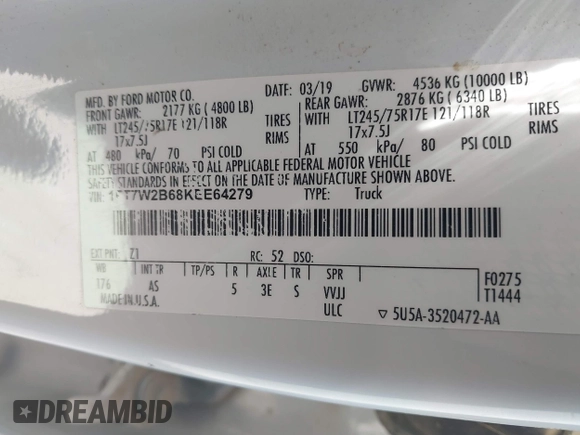 2019 Ford F-250 XL with VIN 1FT7W2B68KEE64279, listed as a IAAI auction lot 42523550 with 296,849 mi miles and . Bid and sale history available at DreamBid. Image 8.