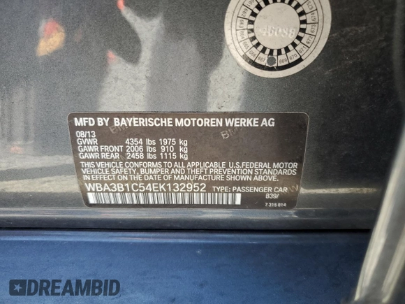 2014 BMW 3 Series 320i with VIN WBA3B1C54EK132952, listed as a Copart auction lot 63653435 with 63,260 mi miles and Salvage title. Bid and sale history available at DreamBid. Image 12.