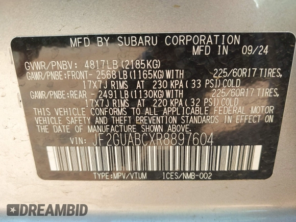 2024 Subaru Crosstrek with VIN JF2GUABCXR8897604, listed as a IAAI auction lot 42456504 with 9,527 mi miles and . Bid and sale history available at DreamBid. Image 9.