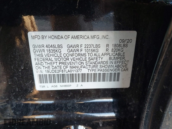 2020 Acura ILX w/Premium/A-SPEC Pkg with VIN 19UDE2F87LA011377, listed as a IAAI auction lot 41258801 with 59,879 mi miles. Bid and sale history available at carsss.com. Image 9.
