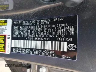 2019 Toyota Camry LE with VIN 4T1B11HK9KU229110, listed as a IAAI auction lot 42133332 with 17,541 mi miles and . Bid and sale history available at DreamBid. Image 9.