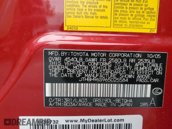 2006 Lexus GS 300 z VIN JTHBH96S965025584, wystawiony jako Copart lot #54172535 z przebiegiem 134 196 mil mil oraz Szkoda całkowita • Salvage title. Historia ofert i sprzedaży dostępna na DreamBid. Obrazek 12.