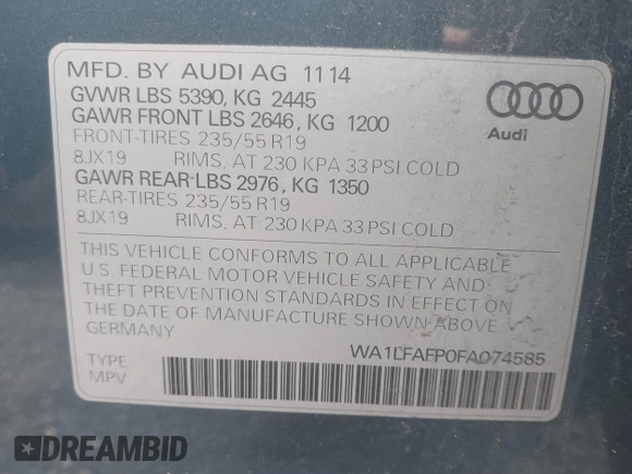 2015 Audi Q5 Premium Plus with VIN WA1LFAFP0FA074585, listed as a IAAI auction lot 41604684 with 67,655 mi miles. Bid and sale history available at carsss.com. Image 9.