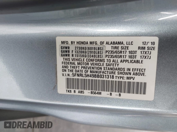 2011 Honda Odyssey EX с VIN 5FNRL5H49BB031318, выставлен на аукционе IAAI как лот 42209746 с пробегом 139 127 миль миль и . История ставок и продаж доступна на DreamBid. Изображение 9.