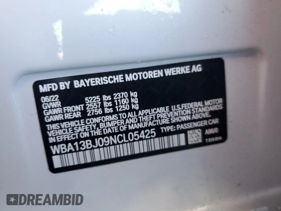 2022 BMW 5 Series 530i xDrive with VIN WBA13BJ09NCL05425, listed as a Copart auction lot 46848405 with 17,683 mi miles and Salvage Title. Bid and sale history available at carsss.com. Image 12.